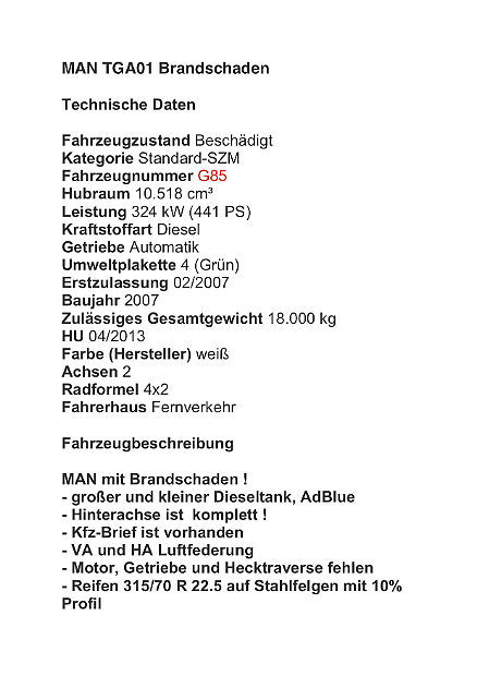 MAN TGA01 Brandschaden
